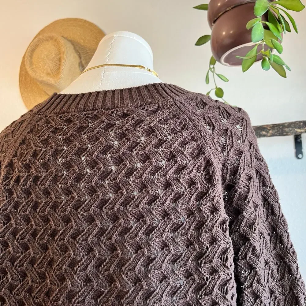 LOFT Cotton Chocolate Brown Chunky Woven Knit Crewneck Sweater Size Large